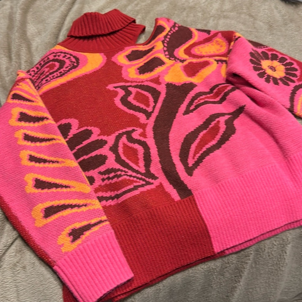 Farm Rio sweater with cut out. XS. Bright red, pink, orange